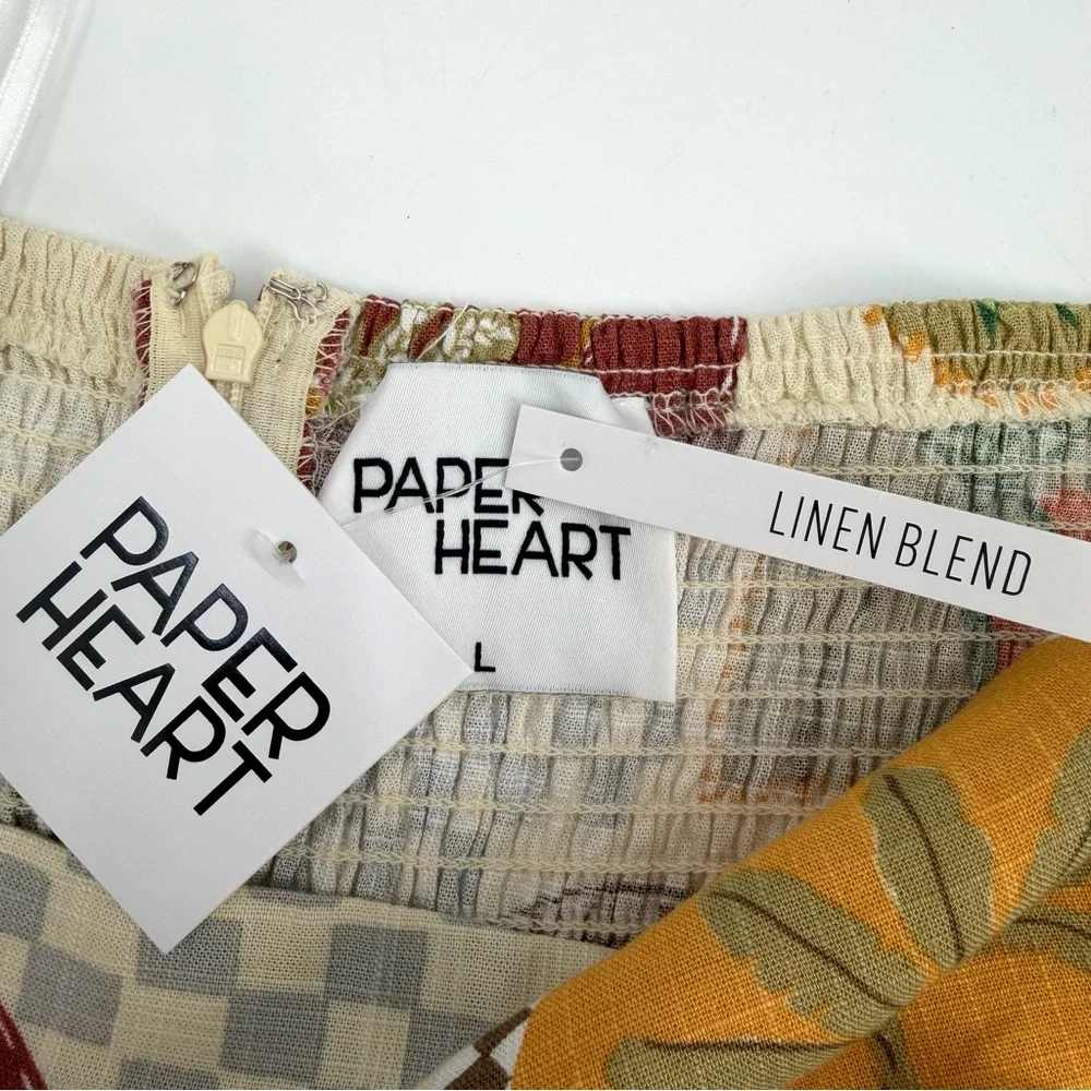 Paper Heart Dress Womens L Linen Blend Strapless Maxi Tropical Palms Long NWT